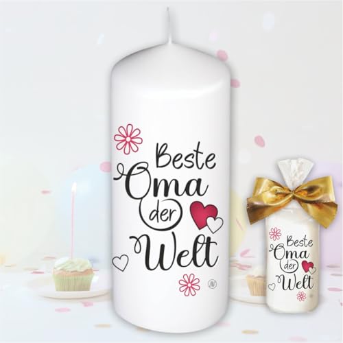 Stumpenkerze Kerze - Beste Oma der Welt - Für Dich | bunte moderne Motive Farben auf Tattoofolie für Kerzen | mit Geschenkfolie und goldener Schleife | Geburtstagkerze in Geschenkverpackung von AV Andrea Verlag