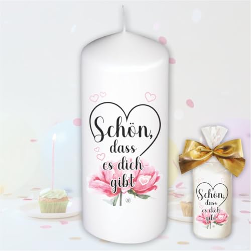 Stumpenkerze Kerze - Schön das es dich gibt - Für Dich | bunte moderne Motive Farben auf Tattoofolie für Kerzen | mit Geschenkfolie und goldener Schleife | Geburtstagkerze in Geschenkverpackung von AV Andrea Verlag