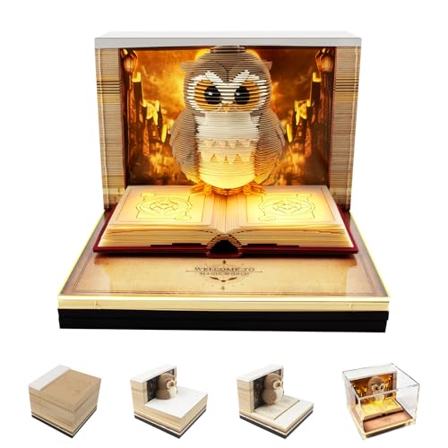 3D Kalender 2026 Eulen, 3D Kalender Abreißen 2026 mit LED Lichtern 3D Abreißkalender 2026 3D Memo Pad Papier Kreative 3D Notizblock Papier Schnitzen Schreibtisch Kalender für Home Office Dekoration von AVCXEC