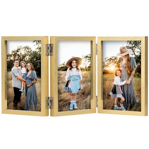 AVEAX Bilderrahmen für 3 Fotos, 10x15 cm Aufklappbar Holz Fotorahmen mit Glasfront, Gold von AVEAX