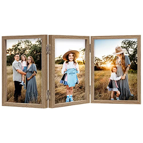 AVEAX Bilderrahmen für 3 Fotos, 10x15 cm Aufklappbar Holz Fotorahmen mit Glasfront, Holzmaserung von AVEAX
