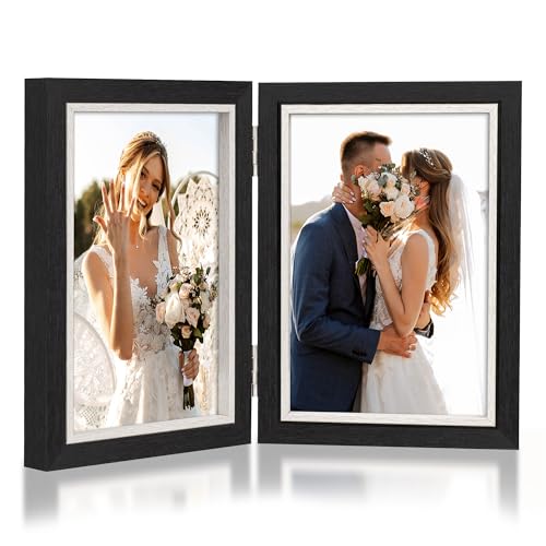 AVEAX Doppel-Bilderrahmen 10x15 cm, aufklappbarer Holz-Bilderrahmen mit Glas, Desktop-Ständer für 2 Fotos, perfekt für Familie, Hochzeitsgeschenke, Schwarz von AVEAX