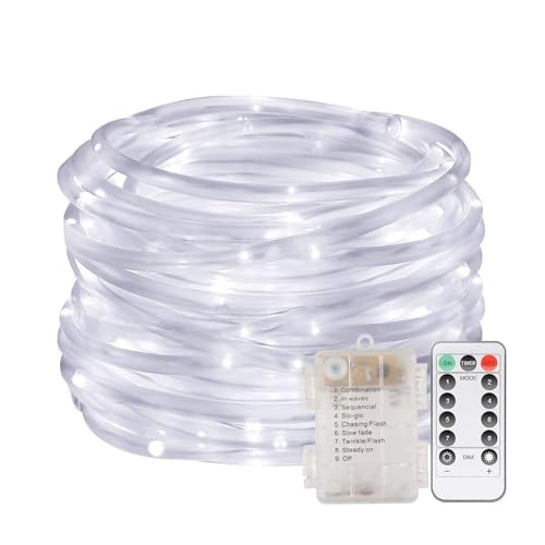 LED-Lichterkette, 100 LEDs, wasserdichte Lichterkette, Außenschlauch, batteriebetrieben, mit Fernbedienung, 8 Modi, für Innen- und Außendekoration (weiß) von AVEKI