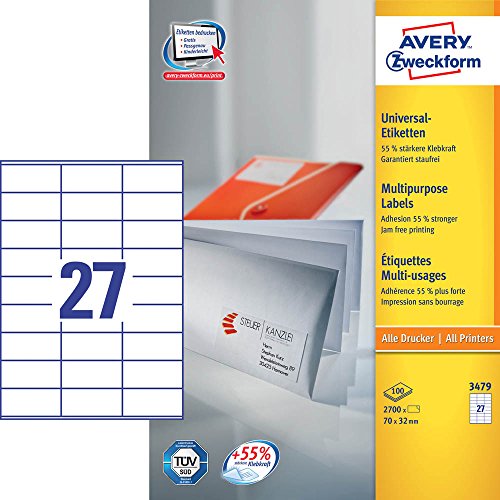 2.700 AVERY Zweckform Etiketten 3479 / weiß / matt / 70,0 x 32,0 mm von AVERY Zweckform