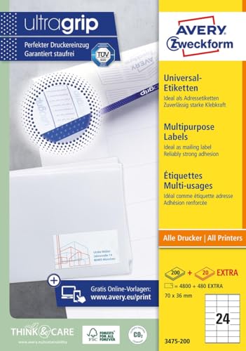 4800 Stück AVERY Zweckform Universal-Etiketten 3475-200 weiß 70 x 36 mm PC Druck 4800 Stück AVERY Zweckform Universal-Etiketten 3475-200 weiß 70 x 36 mm PC Druck von AVERY Zweckform