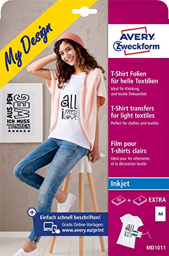 AVERY Zweckform 10+1 Textilfolien, T-Shirt selbst gestalten, T-Shirt bedrucken (Bügelfolie, helle Textilien, DIN A4, bedruckbare T-Shirt Folie zum Aufbügeln, Transferfolie für Inkjet-Drucker) MD1011 von AVERY Zweckform