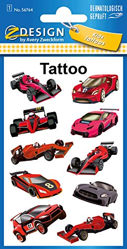 AVERY Zweckform 10 Tattoos Kinder Rennwagen (Temporäre Tattoos Rennauto, wasserfeste Kindertattoos, hautfreundliche Klebetattoos, Aufkleber für Jungen Mitgebsel Kindergeburtstag Party) 56764 von AVERY Zweckform