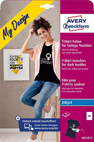 AVERY Zweckform 10 Textilfolien, T-Shirt selbst gestalten, - bedrucken (Bügelfolie, farbige Textilien, DIN A4, bedruckbare, Folie zum Aufbügeln, Transferfolie für Inkjet-Drucker) MD1012 von AVERY Zweckform