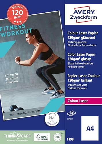 Avery Zweckform Art. 1198 Business Colour Laser Papier (200 Blatt, 120 g/m², DIN A4, glänzendes Druckerpapier, beidseitig beschichtet, wischfest, Flyerpapier für Laser-Drucker & Kopierer) weiß von AVERY Zweckform