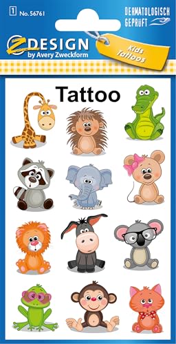 AVERY Zweckform 12 Tattoos Kinder Tiere (Temporäre Tattoos, wasserfeste Kindertattoos, hautfreundliche Klebetattoos, Aufkleber für Jungen Mädchen Mitgebsel Kindergeburtstag Party) 56761 von AVERY Zweckform