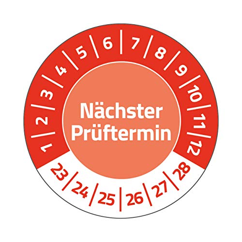 AVERY Zweckform 120 Prüfplaketten Nächster Prüftermin 2023-2028 (widerstandsfähig, selbstklebend, Ø 20 mm, Prüfaufkleber, beschriftbare Prüfsiegel aus Vinyl-Klebefolie) Art. 6987-2023, rot von AVERY Zweckform