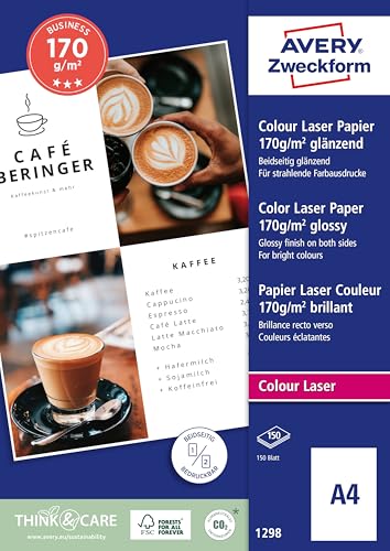 Avery Zweckform Art. 1298 Business Colour Laser Papier (150 Blatt, 170 g/m², DIN A4, glänzendes Druckerpapier, beidseitig beschichtet, wischfest, Flyerpapier für Laser-Drucker & Kopierer) weiß von AVERY Zweckform