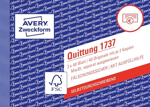 AVERY Zweckform 1737 Quittungsblock (A6 quer, 3x40 Blatt, mit Durchschlag, fälschungssicher, separat ausgewiesene MwSt., für Deutschland und Österreich) weiß/gelb/rosa von AVERY Zweckform