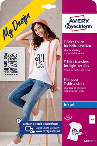 AVERY Zweckform 20 Textilfolien, T-Shirt selbst gestalten, T-Shirt bedrucken (Bügelfolie, helle Textilien, DIN A4, bedruckbare T-Shirt Folie zum Aufbügeln, Transferfolie für Inkjet-Drucker) MD1010 von AVERY Zweckform