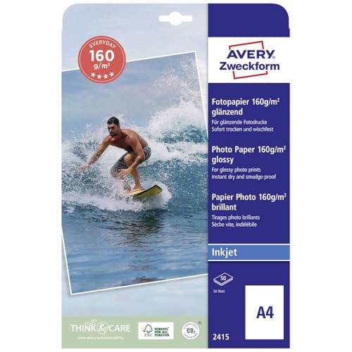 Avery Zweckform Art. 2415 Everyday Inkjet Fotopapier (50 Blatt, 160 g/m², DIN A4, glänzende Fotokarten, einseitig beschichtet, sofort trocken & wischfest, Fotoblätter für Inkjet-Drucker) weiß von AVERY Zweckform