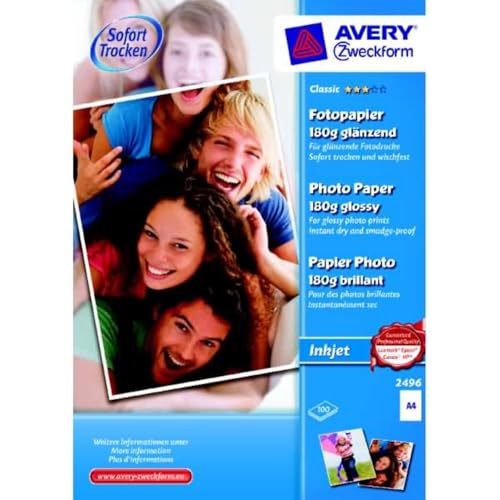 AVERY Zweckform 2496 Classic Inkjet Fotopapier (100 Blatt, 180 g/m², DIN A4 Papier, einseitig beschichtet, glänzend, weiß, zum Drucken von Fotos auf Tintenstrahldruckern, sofort trocknend) von AVERY Zweckform