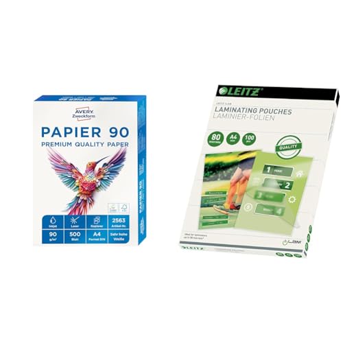AVERY Zweckform 2563 Drucker-/Kopierpapier & Leitz Heißlaminierfolien A4 80 mic, Hochwertige Laminierfolien im 100er Pack AVERY Zweckform 2563 Drucker-/Kopierpapier & Leitz Heißlaminierfolien A4 80 mic, Hochwertige Laminierfolien im 100er Pack von AVERY Zweckform