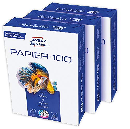 AVERY Zweckform 2566 Drucker-/Kopierpapier (1.500 Blatt, 100 g/m², DIN A4 Papier, hochweiß, für alle Drucker) 1 Box mit 3 Pack von AVERY Zweckform