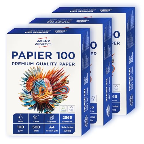 AVERY Zweckform 2566 Drucker-/Kopierpapier (1.500 Blatt, 100 g/m², DIN A4 Papier, hochweiß, für alle Drucker) 1 Box mit 3 Pack von AVERY Zweckform