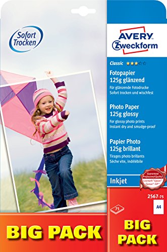 AVERY Zweckform 2567-75 Classic Inkjet Fotopapier (75 Blatt, 125 g/m², DIN A4 Papier, einseitig beschichtet, glänzend, weiß, zum Drucken von Fotos auf Tintenstrahldruckern, sofort trocknend) von AVERY Zweckform