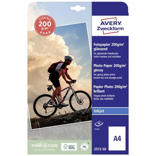 Avery Zweckform Art. 2572-50 Everyday Inkjet Fotopapier (50 Blatt, 200 g/m², DIN A4, glänzende Fotokarten, einseitig beschichtet, sofort trocken & wischfest, Fotoblätter für Inkjet-Drucker) weiß von Avery Dennison Zweckform Office Products Europe GmbH