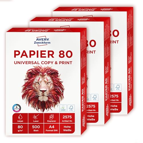 AVERY Zweckform 2575 Druckerpapier, Kopierpapier (1.500 Blatt, 80 g/m², DIN A4 Papier, für alle Drucker) 1 Box mit 3 Pack, weiß von AVERY Zweckform