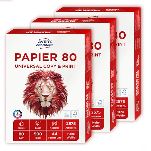 AVERY Zweckform 2575 Druckerpapier, Kopierpapier (1.500 Blatt, 80 g/m², DIN A4 Papier, weiß, für alle Drucker) 1 Box mit 3 Pack von AVERY Zweckform