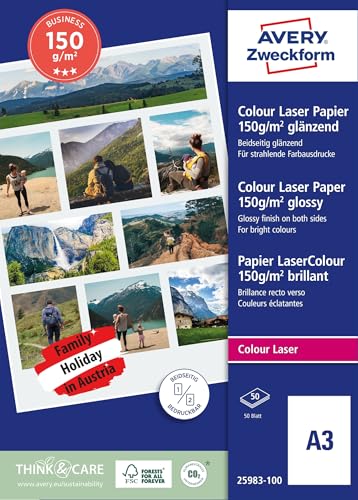 AVERY Zweckform 25983-100 Superior Colour Laser Papier (100 Blatt, 150 g/m², DIN A3 Papier, beidseitig beschichtet, glänzend, weiß, FSC, für Fotodrucke mit Farblaserdrucker) 1 Pack von Avery Dennison Zweckform Office Products Europe GmbH