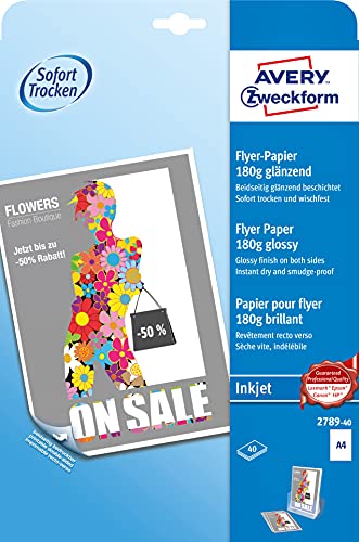 AVERY Zweckform 2789-40 Inkjet Flyer-Papier (40 Blatt, 180 g/m², DIN A4 Papier, beidseitig beschichtet, glänzend, ideal für hochwertige & beidseitig bedruckte Flyer, für Tintenstrahldrucker, FSC) von AVERY Zweckform