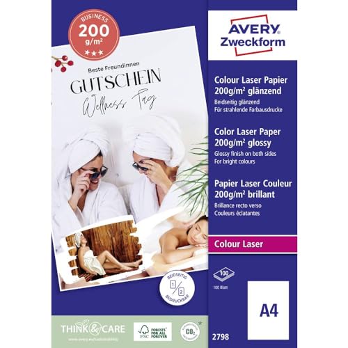 Avery Zweckform Art. 2798 Business Colour Laser Papier (100 Blatt, 200 g/m²m DIN A4, glänzendes Druckerpapier, beidseitig beschichtet, wischfest, Flyerpapier für Laser-Drucker & Kopierer) weiß von AVERY Zweckform