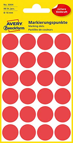 AVERY Zweckform 3004 selbstklebende Markierungspunkte 96 Stück (Ø18mm, Klebepunkte auf 4 Bogen, Punktaufkleber zur Farbcodierung, runde Aufkleber für Kalender, Planer und zum Basteln, Papier) rot von AVERY Zweckform
