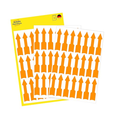 AVERY Zweckform 3008 selbstklebende Pfeiletiketten (Pfeil Aufkleber im Format 39x9 mm, permanent haftend, 63 Pfeil Sticker auf 3 Bogen, Hinweispfeile zum auffälligen Kennzeichnen) neon orange von AVERY Zweckform