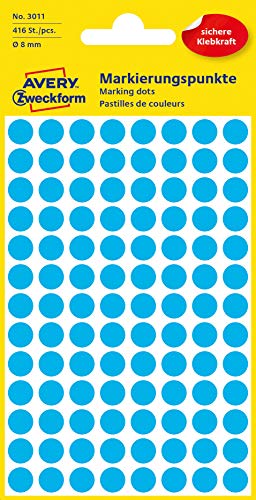 AVERY Zweckform 3011 selbstklebende Markierungspunkte 416 Stück (Ø8mm, Klebepunkte auf 4 Bogen, Punktaufkleber zur Farbcodierung, runde Aufkleber für Kalender, Planer und zum Basteln, Papier) blau von AVERY Zweckform