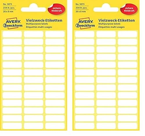 AVERY Zweckform 3073 Haushaltsetiketten selbstklebend (20x8 mm, 234 Aufkleber auf 6 Bogen, Vielzweck-Etiketten für Haushalt, Schule und Büro zum Beschriften und Kennzeichnen) blanko, weiß von AVERY Zweckform