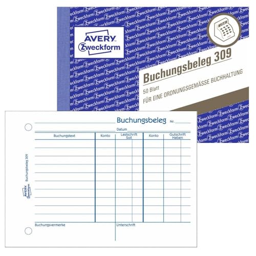 AVERY Zweckform 309 Buchungsbeleg (A6quer, mikroperforiert, von Rechtsexperten geprüft, für Deutschland zur lückenlosen Buchhaltung, mit T-Konto, Buchungstext inkl. Unterschriftenzeile, 50Blatt) weiß von AVERY Zweckform