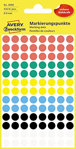 AVERY Zweckform 3090 selbstklebende Markierungspunkte 416 Stück (Ø8mm, Klebepunkte auf 4 Bogen, Punktaufkleber zur Farbcodierung, runde Aufkleber für Kalender, Planer und zum Basteln, Papier) bunt von AVERY Zweckform