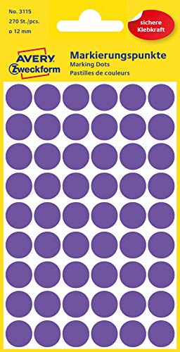 AVERY Zweckform 3115 Selbstklebende Markierungspunkte, Violett (Ø 12 mm; 270 Klebepunkte auf 5 Bogen; Runde Aufkleber für Kalender, Planer und zum Basteln) Papier, matt von AVERY Zweckform