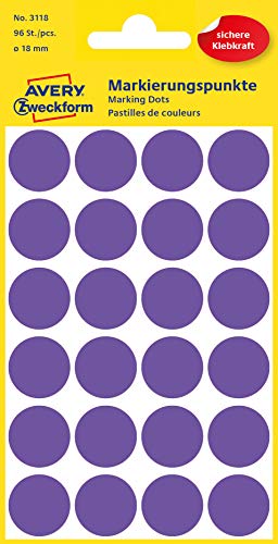 AVERY Zweckform 3118 Selbstklebende Markierungspunkte, Violett (Ø 18 mm; 96 Klebepunkte auf 4 Bogen; Runde Aufkleber für Kalender, Planer und zum Basteln) Papier, matt von AVERY Zweckform