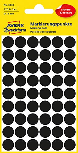 AVERY Zweckform 3140 selbstklebende Markierungspunkte 270 Stück (Ø12mm, Klebepunkte auf 5 Bogen, Punktaufkleber zur Farbcodierung, runde Aufkleber für Kalender, Planer und zum Basteln, Papier) schwarz von AVERY Zweckform