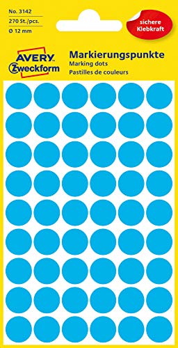 AVERY Zweckform 3142 selbstklebende Markierungspunkte 270 Stück (Ø12mm, Klebepunkte auf 5 Bogen, Punktaufkleber zur Farbcodierung, runde Aufkleber für Kalender, Planer und zum Basteln, Papier) blau von AVERY Zweckform