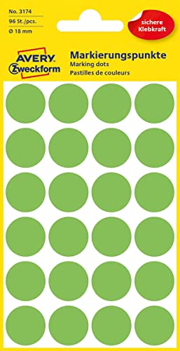 AVERY Zweckform 3149 selbstklebende Markierungspunkte (Ø 12 mm, 270 Klebepunkte auf 5 Bogen, runde Aufkleber für Kalender, Planer und zum Basteln, Papier, matt) leuchtgrün von AVERY Zweckform