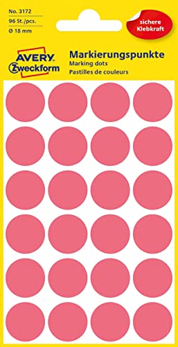 AVERY Zweckform 3172 selbstklebende Markierungspunkte (Ø 18 mm, 96 Klebepunkte auf 4 Bogen, runde Aufkleber für Kalender, Planer und zum Basteln, Papier, matt) leuchtrot von AVERY Zweckform
