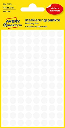 AVERY Zweckform 3175 selbstklebende Markierungspunkte 416 Stück (Ø 8mm, Klebepunkte auf 4 Bogen, Punktaufkleber zur Farbcodierung, runde Aufkleber für Kalender, Planer und zum Basteln, Papier) weiß von AVERY Zweckform
