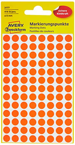 AVERY Zweckform 3177 selbstklebende Markierungspunkte (Ø 8 mm, 416 Klebepunkte auf 4 Bogen, runde Aufkleber für Kalender, Planer und zum Basteln, Papier, matt) Orange von AVERY Zweckform