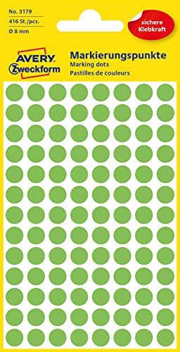 AVERY Zweckform 3179 selbstklebende Markierungspunkte (Ø 8 mm, 416 Klebepunkte auf 4 Bogen, runde Aufkleber für Kalender, Planer und zum Basteln, Papier, matt) leuchtgrün von AVERY Zweckform