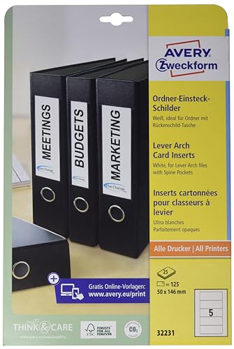 AVERY Zweckform 32231 Ordner-Einsteckschilder (50 x 146 mm auf DIN A4, für breite/ kurze Ordner, 125 Stück auf 25 Blatt) weiß von AVERY Zweckform