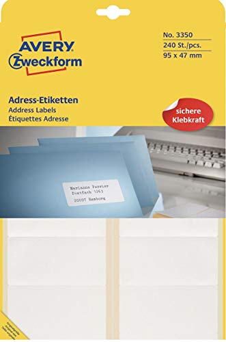 AVERY Zweckform 3350 Adress-Etiketten (Papier matt, 240 Etiketten, 95 x 47 mm, 20 Blatt) weiß von AVERY Zweckform