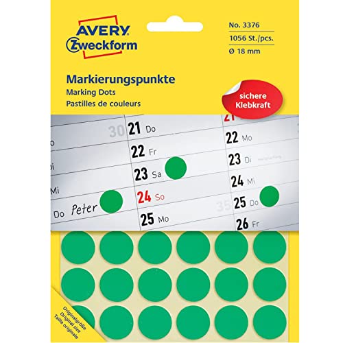 AVERY Zweckform 3376 selbstklebende Markierungspunkte (Ø 18 mm, 1.056 Klebepunkte auf 22 Bogen, runde Aufkleber für Kalender, Planer und zum Basteln, Papier, matt) grün von AVERY Zweckform
