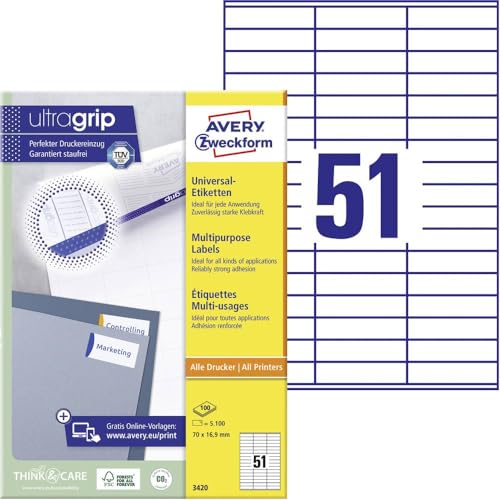 AVERY Zweckform 3420 Universal Etiketten (5.100 Klebeetiketten, 70x16,9mm auf A4, Papier matt, individuell bedruckbar, selbstklebende Aufkleber mit ultragrip) 100 Blatt, weiß von AVERY Zweckform