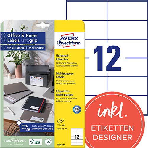 AVERY Zweckform 3424-10 Adressaufkleber (120 Klebeetiketten, 105x48mm auf A4, bedruckbare Absenderetiketten, selbstklebende Adressetiketten mit ultragrip, ideal fürs HomeOffice) 10 Blatt, weiß von AVERY Zweckform